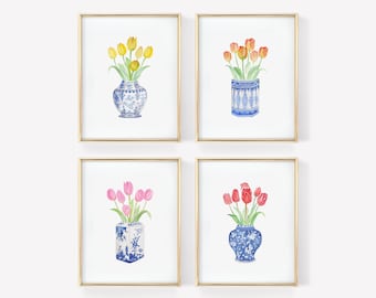 Aquarell Tulpen in Chinoiserie Vasen Kunstdruck Set (Digitaler Download)