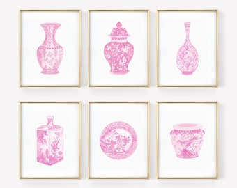 Acuarela rosa Chinoiserie imprimible arte conjunto de 6 descarga digital instantánea, rosa pálido chinoiserie arte impresión rosa china jarrón impresión mamá regalo