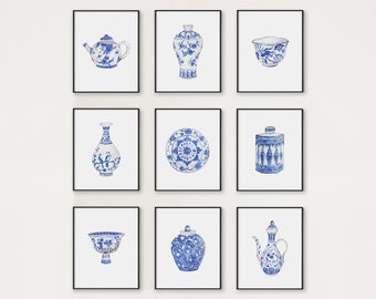 Watercolor Chinoiserie Set of 9 Prints Instant Digital Download, Chinoiserie printable blue and white porcelain print ginger jar art chinese