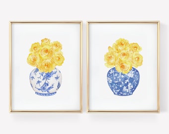 Watercolor Yellow Roses Chinoiserie Print Set (Digital Download)
