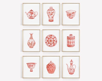 Stampe artistiche in stile cinese con acquerelli: set di vasi in porcellana rossa (download digitale)