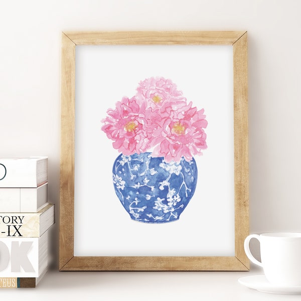 Watercolor Pink Peonies in Chinoiserie Vase Printable Art Instant Download, blue and white chinoiserie art print watercolor peony printable