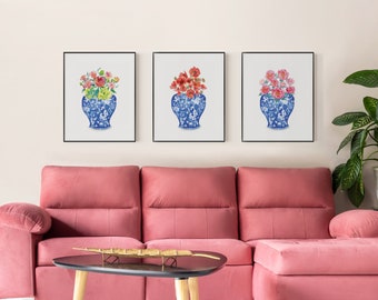 Chinoiserie Flowers Watercolor Printable Art Set of 3 prints Instant Digital Download, Blue and White Chinoiserie print Rose Peonies print