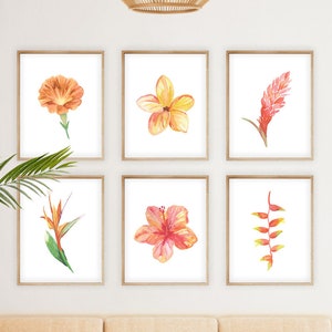 Tropical Flowers Printable Art Set of 6 Prints, Instant Digital Download tropical art watercolor floral painting island resort decor print