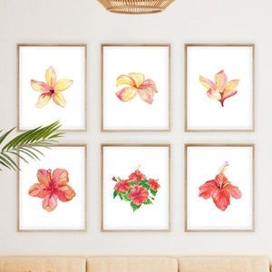 Watercolor Tropical Flowers Hibiscus & Frangipani Printable Art Series of 6 Tropical Prints, Instant Digital Download tropical art floral