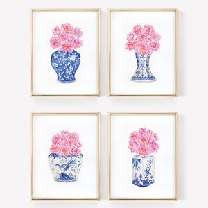 Acuarela peonías Chinoiserie jarrones arte imprimible conjunto de 4 descarga Digital instantánea, china azul y blanca acuarela chinoiserie imprimible