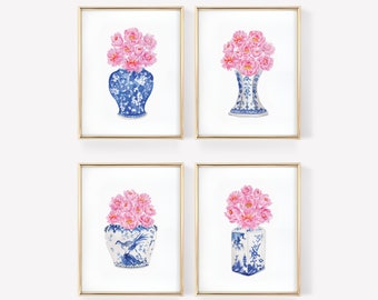 Watercolor Peonies Chinoiserie Art Prints: Blue & White Vases (Digital Download)