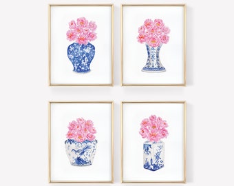 Watercolor Peonies Chinoiserie Vases Printable Art Set of 4 Instant Digital Download, blue and white china watercolor chinoiserie printable