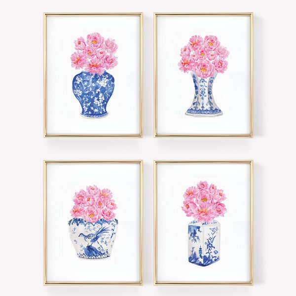 Watercolor Peonies Chinoiserie Vases Printable Art Set of 4 Instant Digital Download, blue and white china watercolor chinoiserie printable