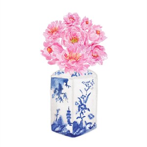 May include: A bouquet of pink peonies in a blue and white porcelain vase with a floral design.