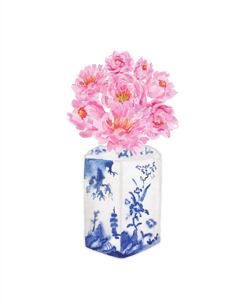 May include: A bouquet of pink peonies in a blue and white porcelain vase with a floral design.