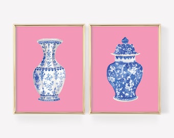 Floreros de chinoiserie de acuarela Arte imprimible Conjunto de 2 Descarga digital instantánea, impresión de arte de chinoiserie rosa fuerte impresión de jarrón de china rosa caliente asiático