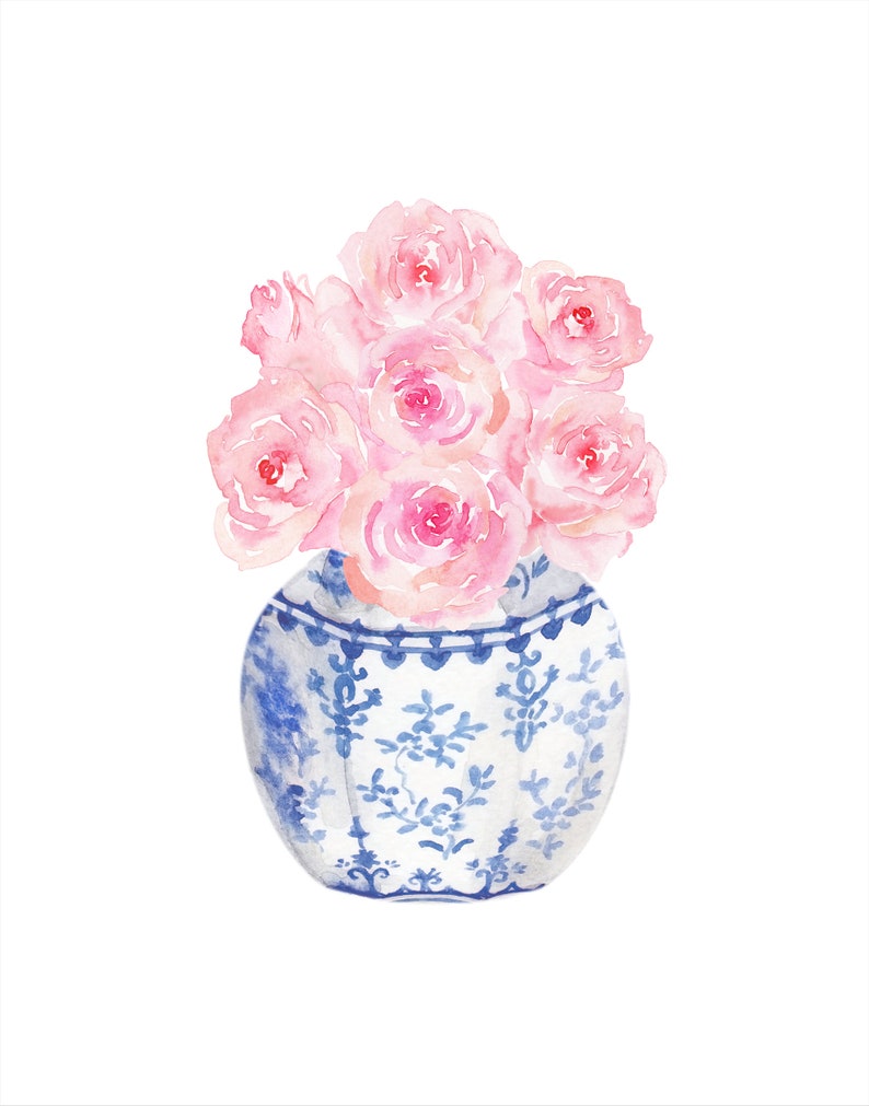 Acuarela Rosas Chinoiserie Jarrones Imprimible Arte Conjunto de 2 impresiones Descarga digital instantánea, jarrón azul y blanco impresión chinoiserie arte de pared imagen 3