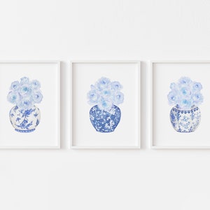 Watercolor Blue Roses in China Vases Printable Art Set of 3 prints Instant Digital Download, blue and white chinoiserie art print porcelain
