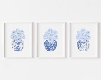 Watercolor Blue Roses in China Vases Printable Art Set of 3 prints Instant Digital Download, blue and white chinoiserie art print porcelain