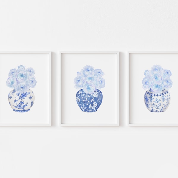 Watercolor Blue Roses in China Vases Printable Art Set of 3 prints Instant Digital Download, blue and white chinoiserie art print porcelain