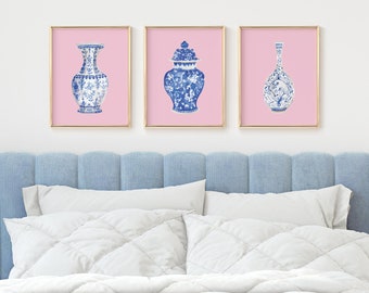 Watercolor Chinoiserie Art Print Set: Pink & Blue Vases (Digital Download)