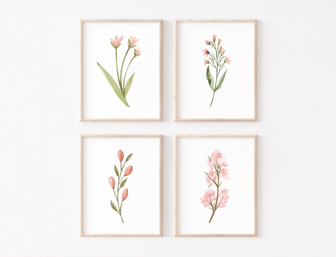 Watercolor Wildflower Print Set: Pink Floral Scandinavian Art (digital ...