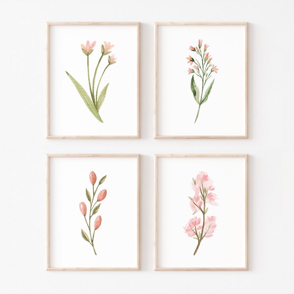 Acuarela flores silvestres imprimible arte conjunto de 4, descarga digital instantánea impresión de flores silvestres conjunto flor rosa arte flor vivero escandinavo