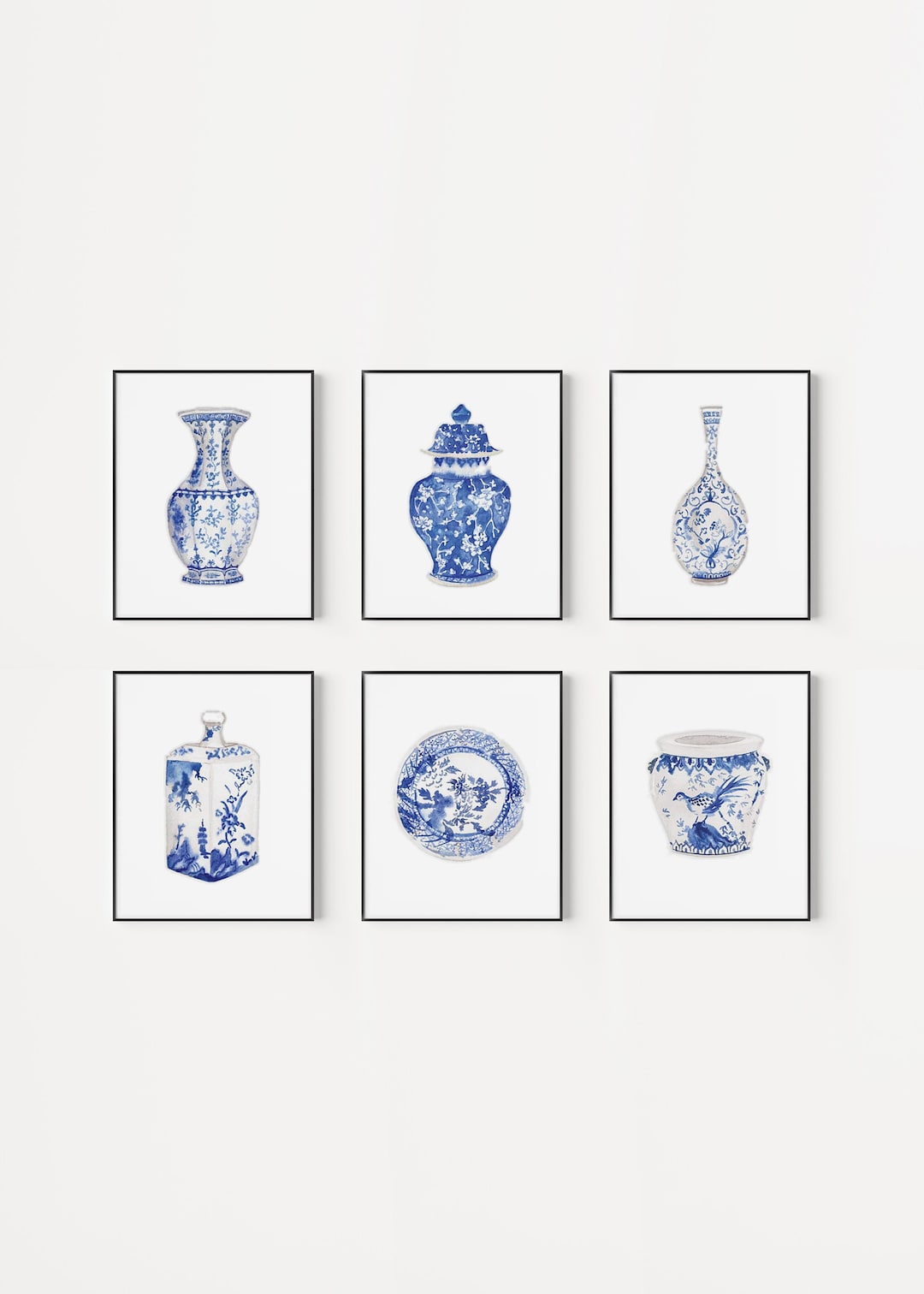 Watercolor Chinoiserie Vase Art Prints: Blue & White Set (digital ...