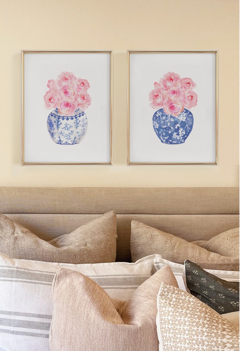 Acuarela Rosas Chinoiserie Jarrones Imprimible Arte Conjunto de 2 impresiones Descarga digital instantánea, jarrón azul y blanco impresión chinoiserie arte de pared imagen 4