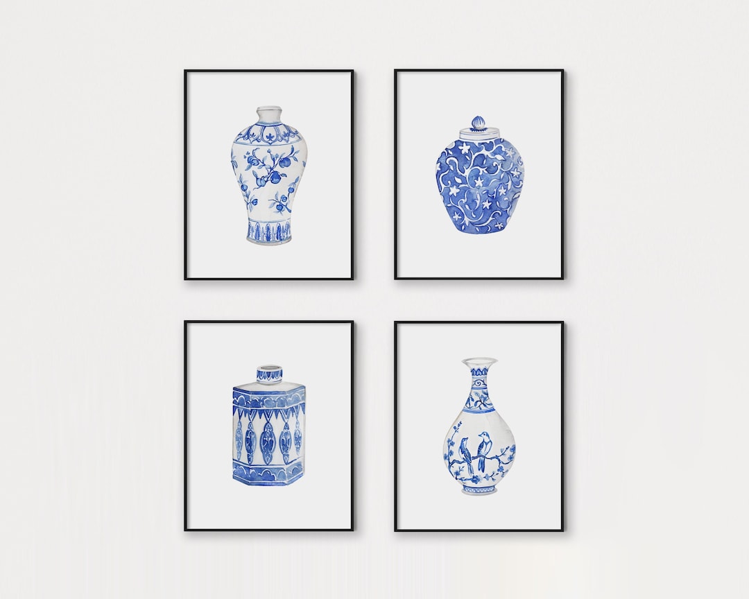 Watercolor Chinoiserie Vases Art Prints: Blue & White Set (digital ...