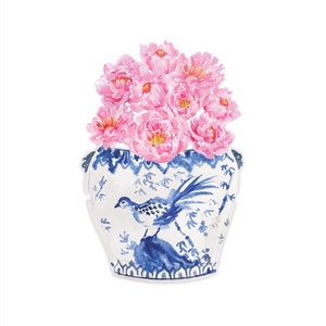 May include: A blue and white porcelain vase with a bird design, filled with pink peonies.