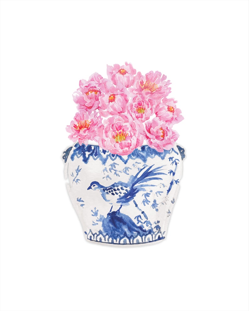 May include: A blue and white porcelain vase with a bird design, filled with pink peonies.