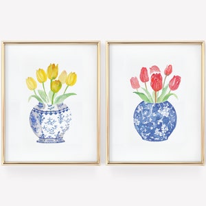 Watercolor Tulips Vase Printable Art Set of 2 Instant Digital Download, painted tulip art watercolor tulip print chinoiserie art dutch print