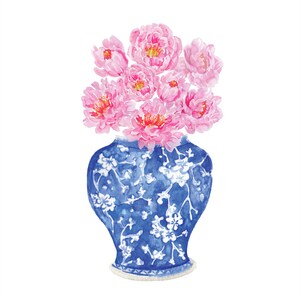 May include: A blue and white porcelain vase with a floral pattern, filled with pink peonies.