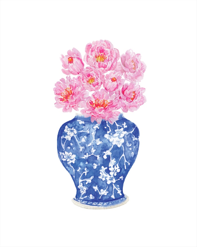 May include: A blue and white porcelain vase with a floral pattern, filled with pink peonies.