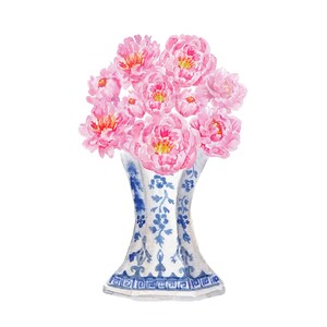 May include: A bouquet of pink peonies in a blue and white porcelain vase with a decorative pattern.