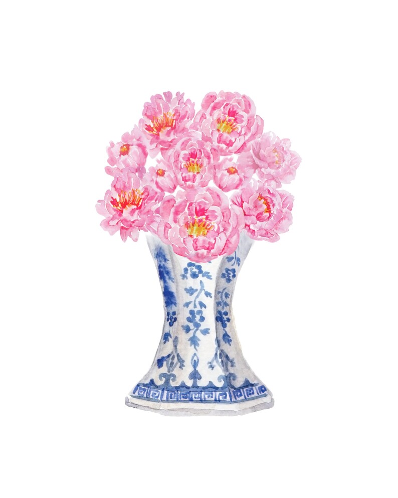May include: A bouquet of pink peonies in a blue and white porcelain vase with a decorative pattern.