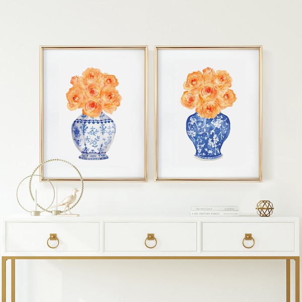 Watercolor Orange Roses in China Vases Printable Art Set of 2 prints Instant Digital Download, blue and orange print blue and orange china