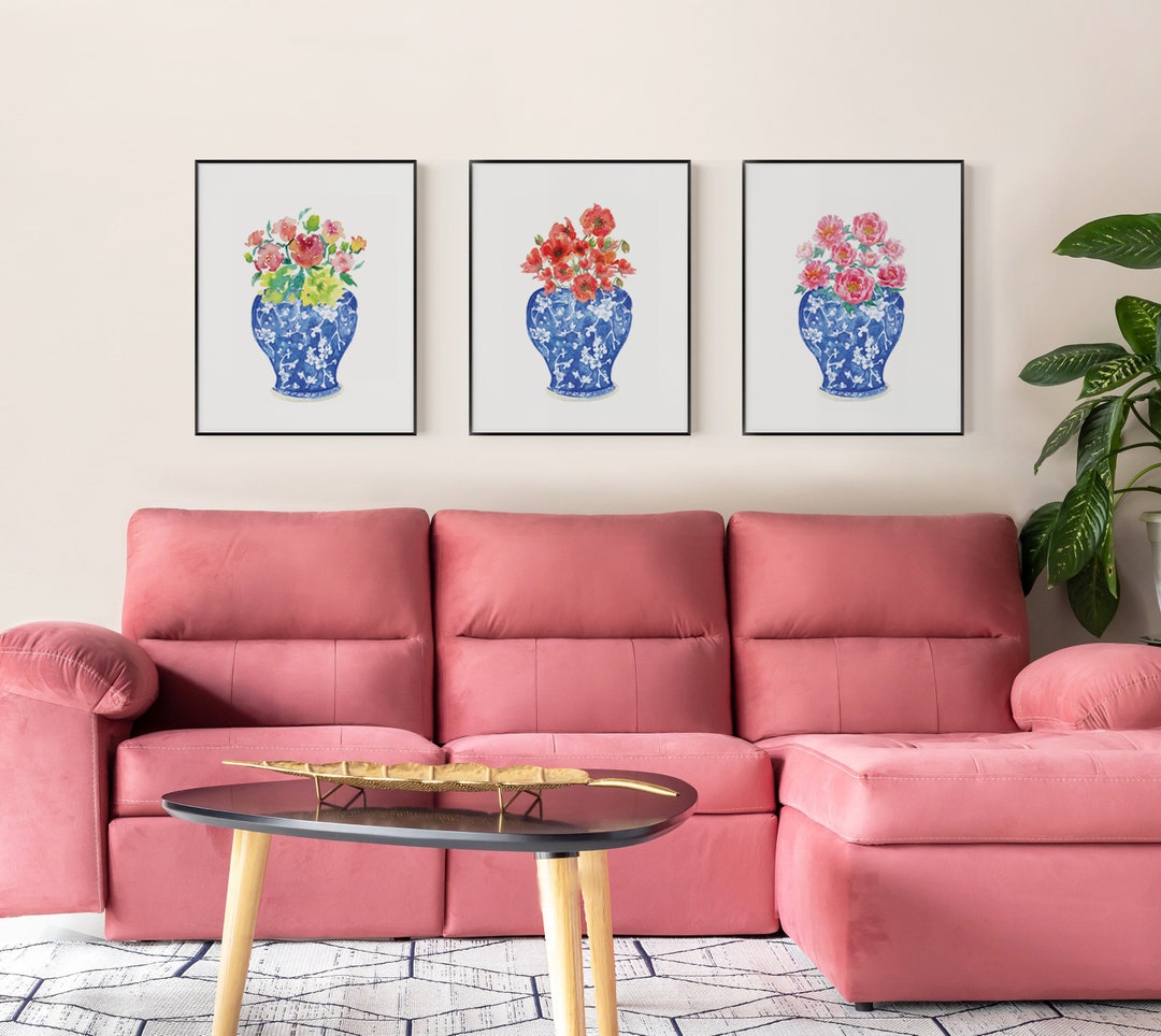 Chinoiserie Floral Watercolor Art Prints: Blue & White Set (digital ...