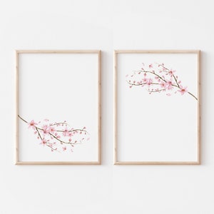 Cherry Blossoms Watercolor Printable Art Set of 2 Prints Instant Digital Download, sakura art peach blossom japanese print chinoiserie art