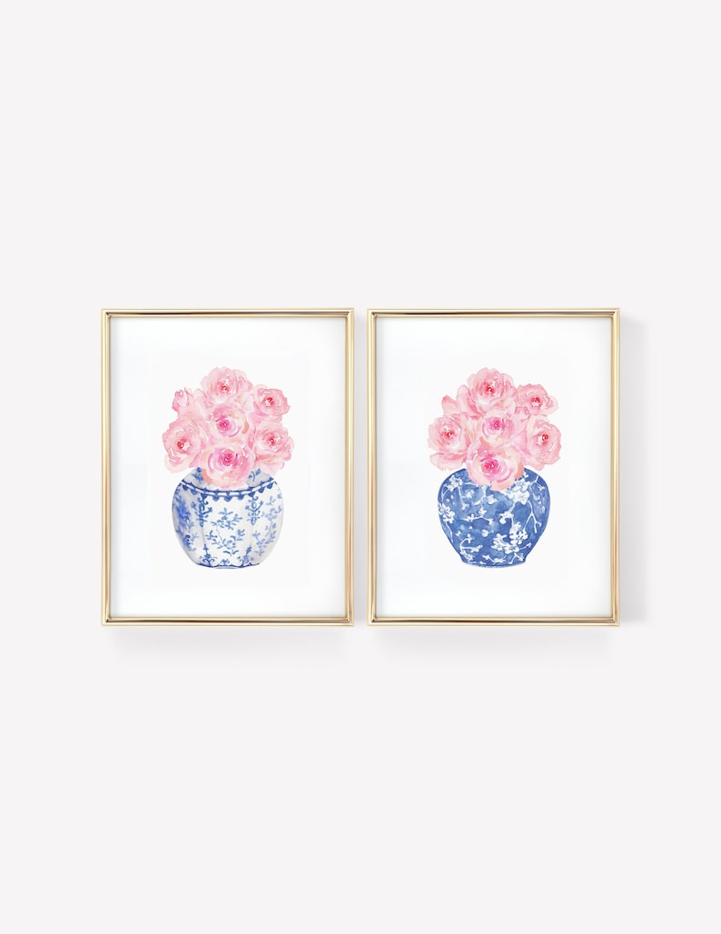 Acuarela Rosas Chinoiserie Jarrones Imprimible Arte Conjunto de 2 impresiones Descarga digital instantánea, jarrón azul y blanco impresión chinoiserie arte de pared imagen 1