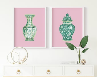 Watercolor Chinoiserie Vases Printable Art Set of 2 Instant Digital Download, green and pink chinoiserie art print green china vase print