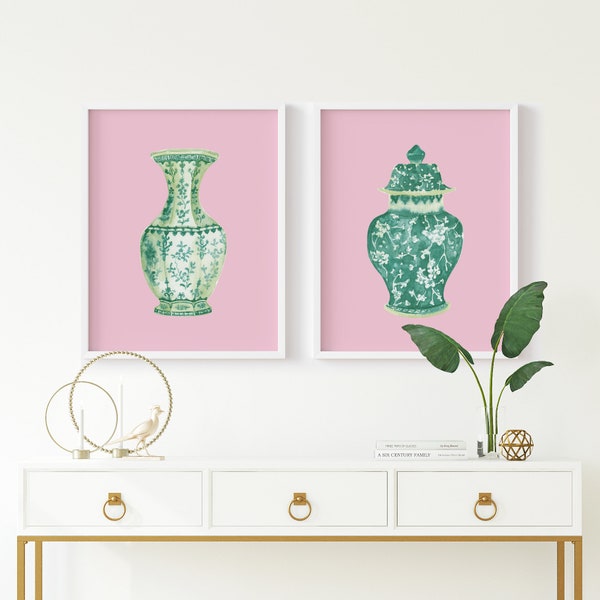 Aquarell Chinoiserie Vasen druckbare Kunst Set von 2 Sofortiger digitaler Download, grüne und rosa Chinoiserie Kunstdruck grüne Porzellanvase Druck