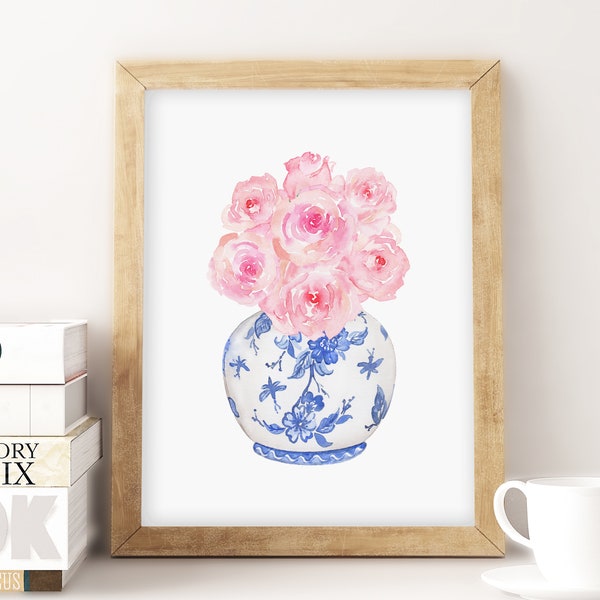 Watercolor Pink Roses in China Vase Printable Art Instant Digital Download, Chinoiserie art blue white vase print rose painting chinese art