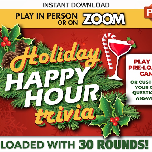 Virtual Holiday Happy Hour Trivia Game Download / Play on Zoom! / PC, Mac, iPhone, iPad / Game Night / Holiday Games for Work w/ Scoreboard!