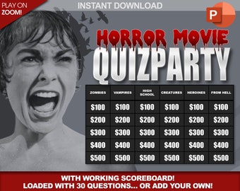 Halloween Horror Quizparty Trivia Game w/ working scoreboard! / PowerPoint / Halloween Game / Instant Download / Fun Halloween Movie Game