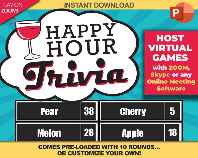 Virtual Happy Hour Trivia Game Download / Play on Zoom / PC, Mac, iPhone, iPad / Game Night / Make Your Own Game / with Scoreboard image 1