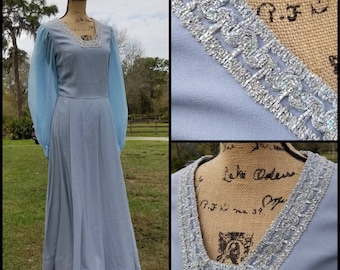Vintage Clothing, 50s Prom Dress, Womens, Blue, Sheer Sleeves, Long, Mint Condition