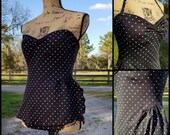 Vintage Clothing, 80s, Womens, Swim, Bodysuit, Polka Dot, Festival, Bohemian, Boho Style, Black, Pink, Ruffles