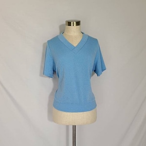 Vintage Clothing, Womens 70s Top, 1970s Shirt, Blue Terry, Casual V Neck, Short Sleeve, Boho Fashion, Bohemian Style, Festival Outfit, Retro