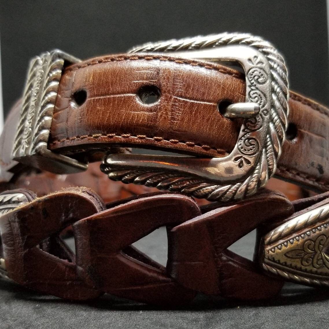Ceinture Vintage Trafalgar Années 80 – Cuir Et Soie Rouge à Carreaux, Taille 38 Homme
