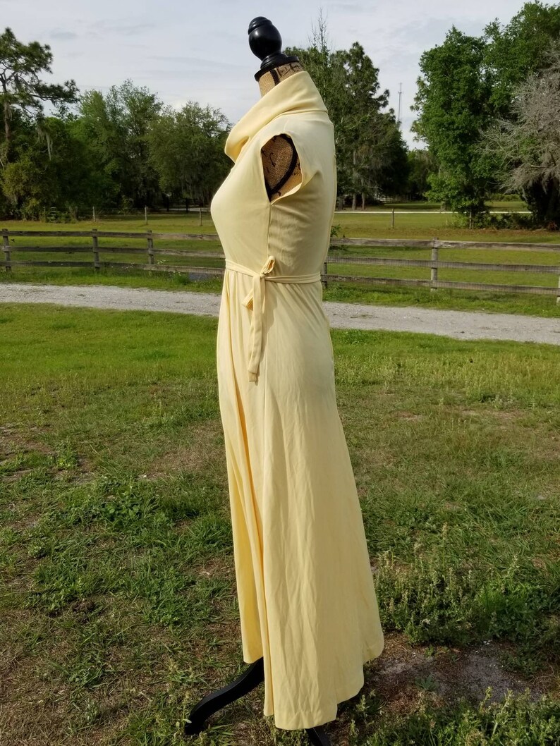 Pode incluir: Um vestido maxi amarelo claro com gola alta e mangas curtas. O vestido tem um la&ccedil;o na cintura e uma saia fluida.