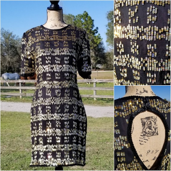 Vintage Clothing, 80s Dress, Womens, Sequins, Silk