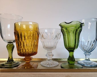 Vintage Glassware, Midcentury, Mismatched Glasses, Goblets, Set, Mix Match, Colored, Cocktail, 50s 60s, Boho Bohemian, Rustic, Shabby Chic